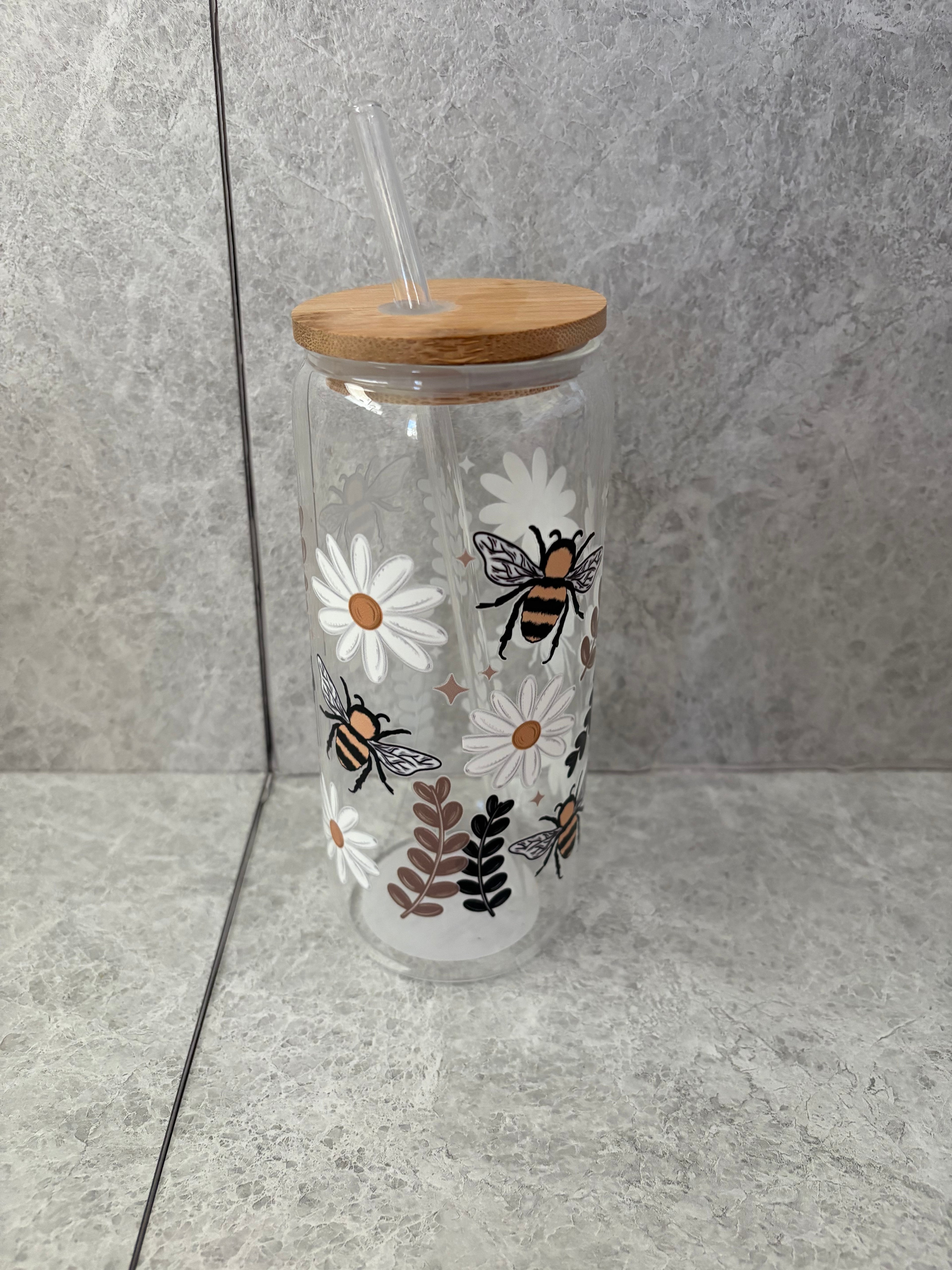 Bee Coffee Glass with Bamboo Lid & Glass Straw