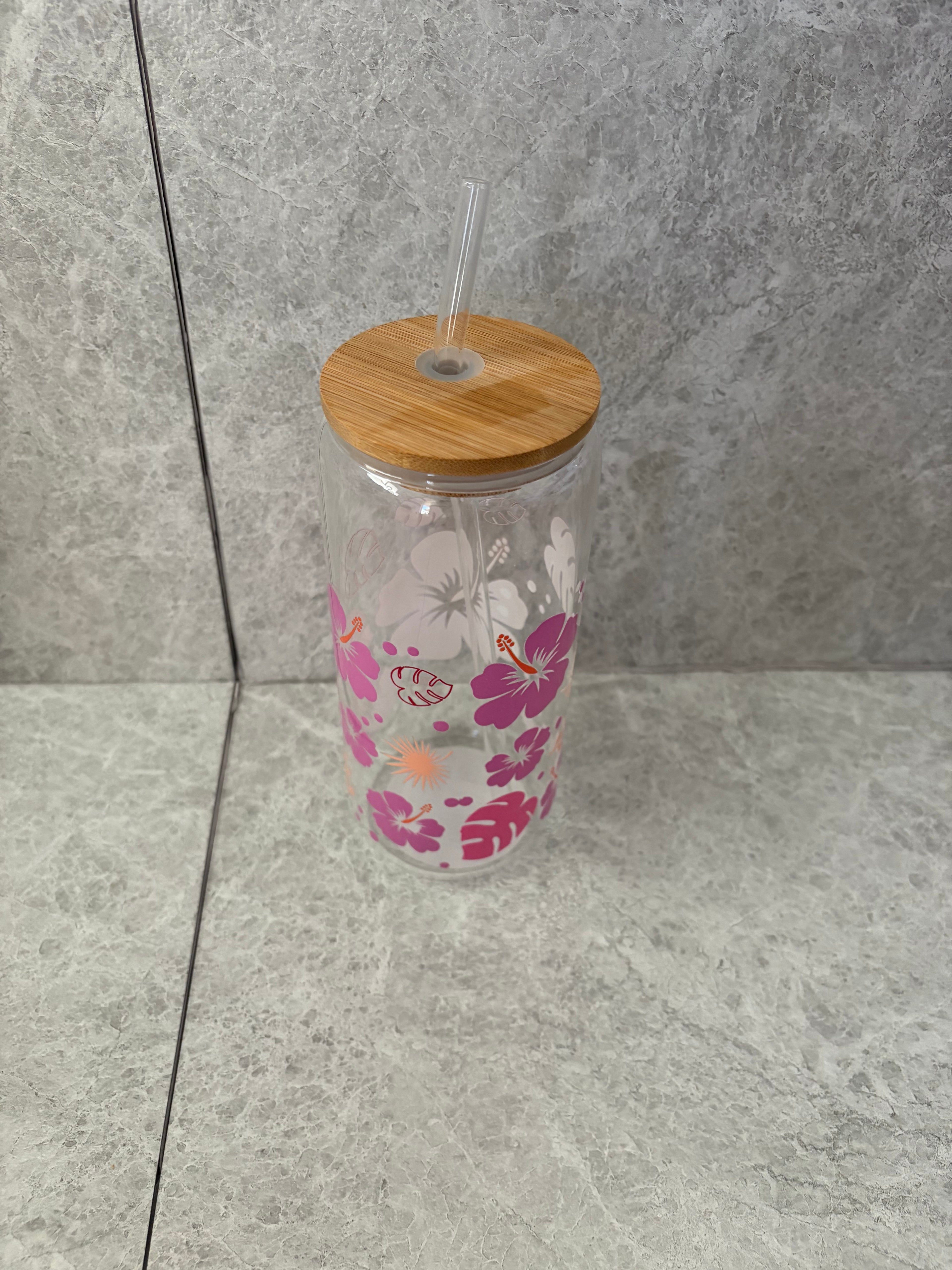 Hibiscus Flower Coffee Glass with Bamboo Lid & Glass Straw