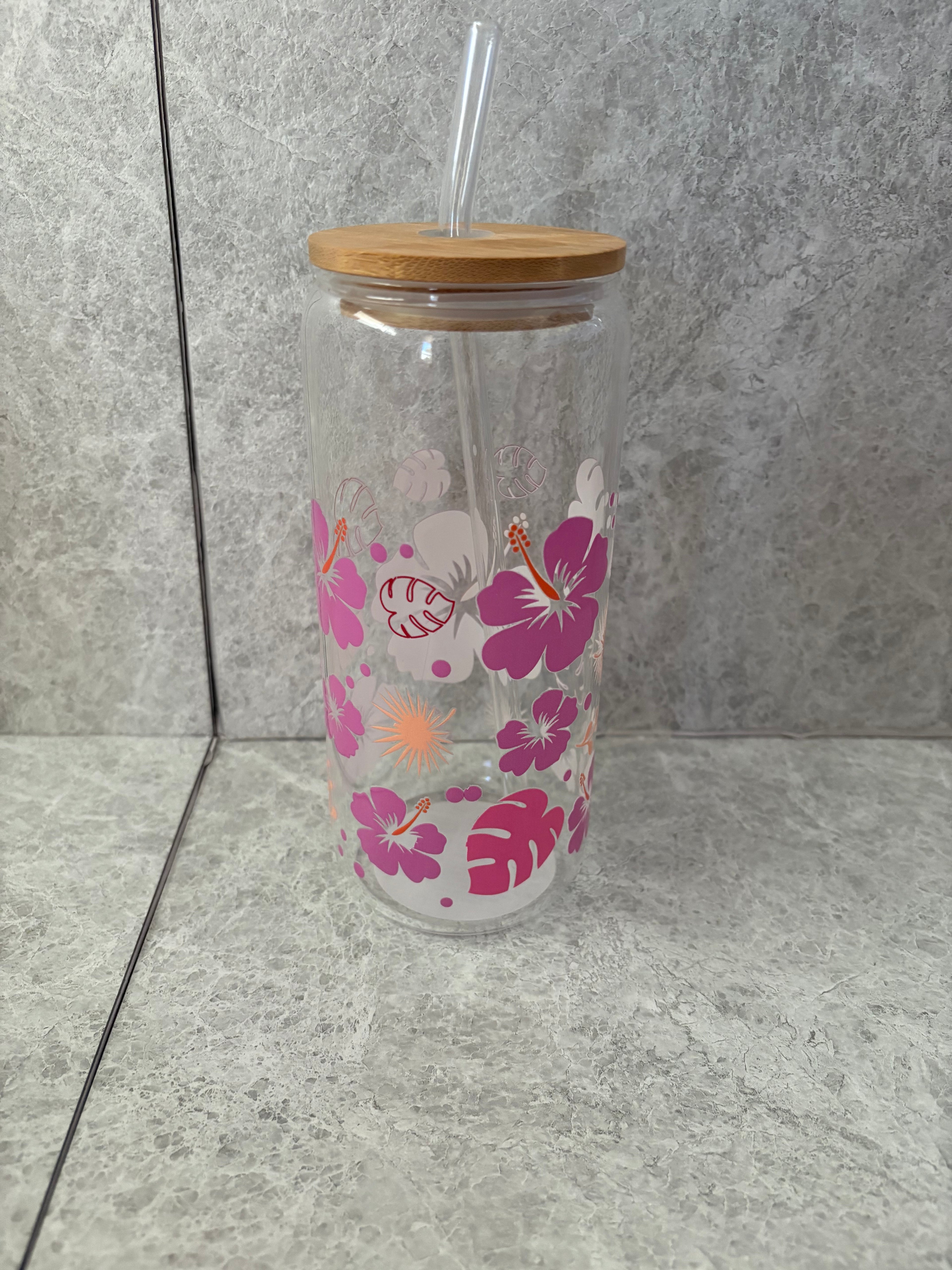 Hibiscus Flower Coffee Glass with Bamboo Lid & Glass Straw